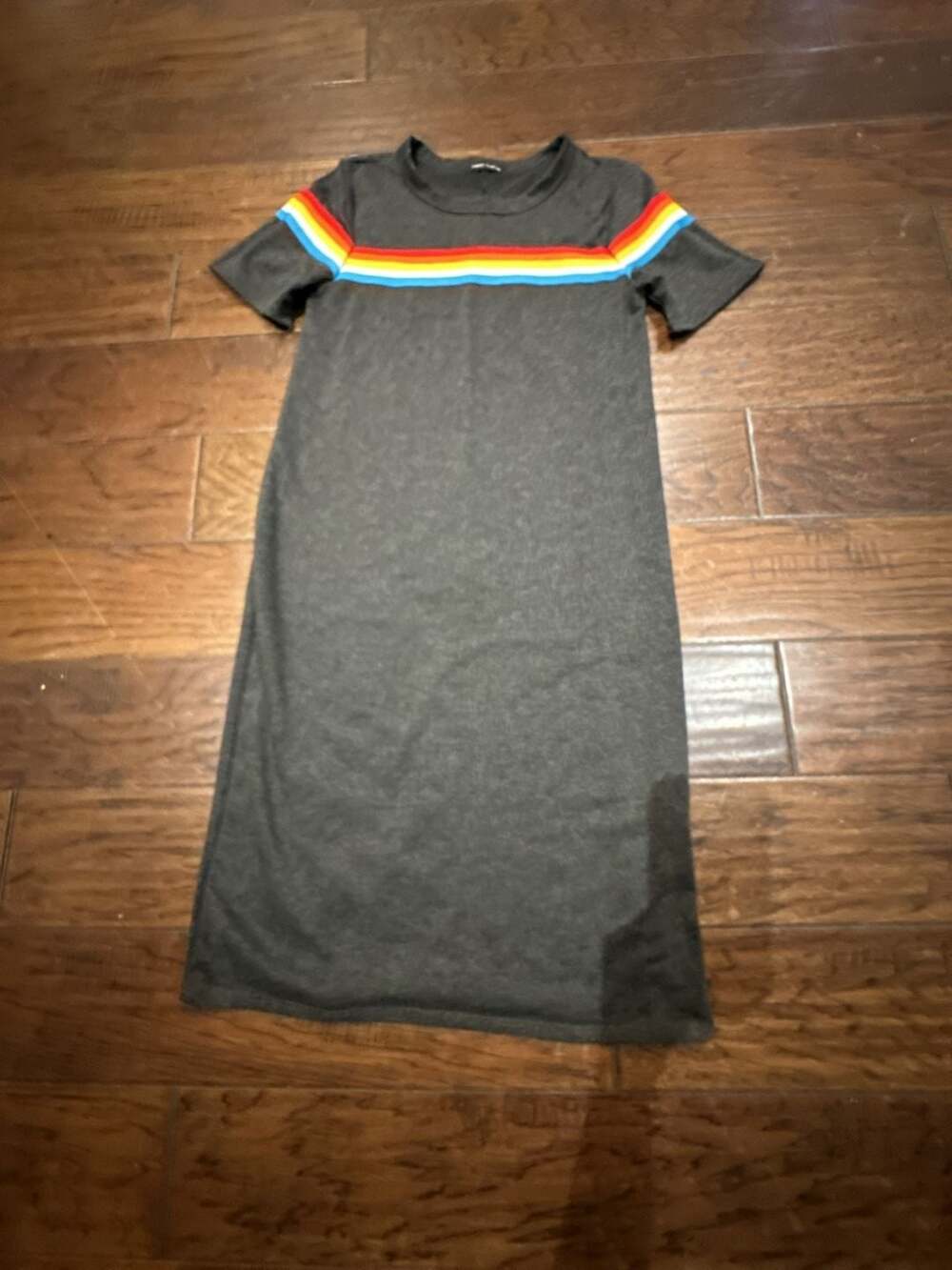 Sweet Claire Gray Rainbow Stripe T-Shirt Dress